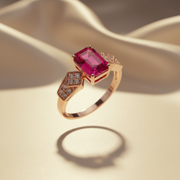 14K Rose Gold Emerald-Cut Ruby & Diamond Ring - Front View