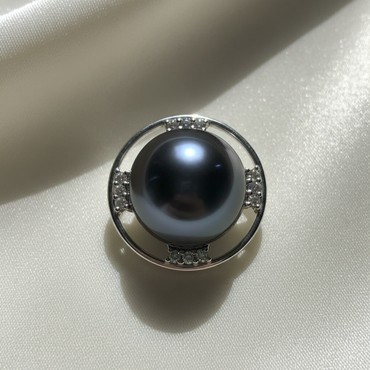 14K White Gold Tahitian Pearl Diamond Pendant - front editorial