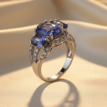 14K white gold three-stone oval tanzanite ring with diamond accents, three-quarter side view
