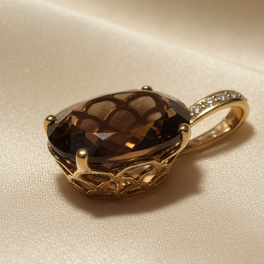 14K Yellow Gold Oval Brown Quartz and Diamond Pendant - rear filigree gallery view