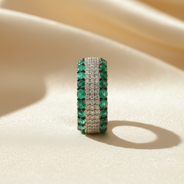 14K White Gold Emerald & Diamond Wide Dome Band - editorial side profile