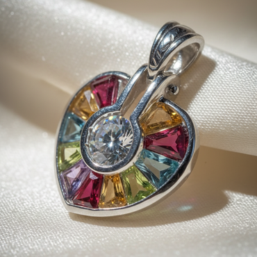 14K white gold multi-gemstone heart pendant with CZ center, three-quarter angle
