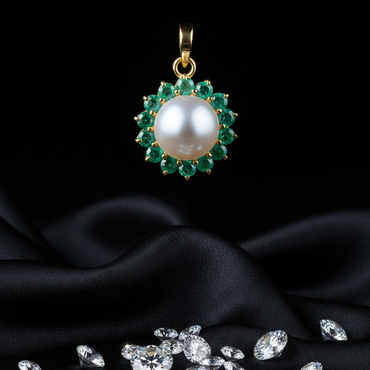 Yellow gold freshwater pearl and emerald halo pendant - front view