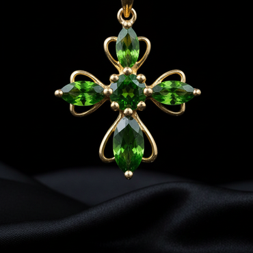 14K Yellow Gold Chrome Diopside Cross Pendant - Front Close-Up