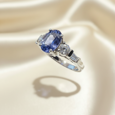 14K White Gold 1.14ct Oval Tanzanite Three-Stone Ring - Three-Quarter View