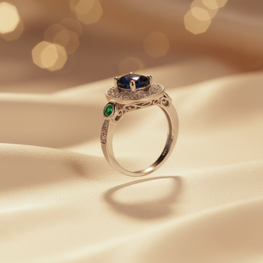 14K White Gold Oval Blue Sapphire & Emerald Vintage Halo Ring - Back Angle View