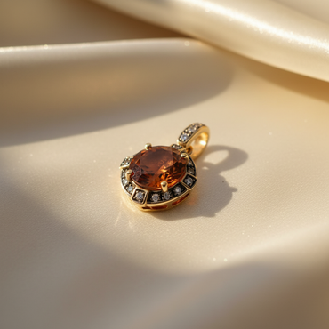 10K yellow gold orange citrine and diamond halo pendant with diamond-set bail, angle 3