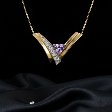 14K Yellow Gold Trillion Amethyst Diamond Chevron Necklace - Full View