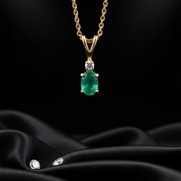 14K Yellow Gold Oval Emerald Diamond Accent Pendant - Full View