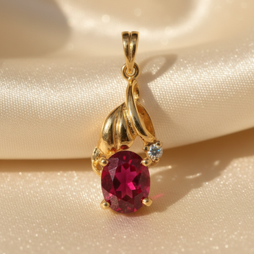 14K Yellow Gold Oval Ruby & Diamond Pendant - angle 1