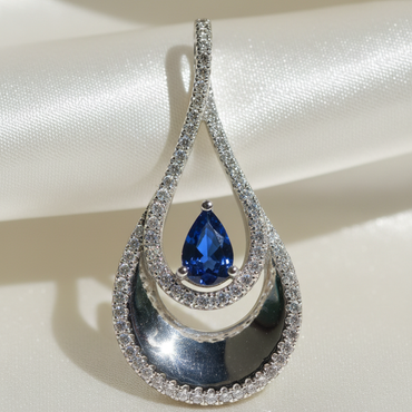 14K White Gold Sapphire & Diamond Double Teardrop Pendant - angle 2