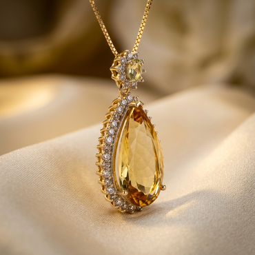 14K gold citrine and diamond pear pendant necklace, angled view