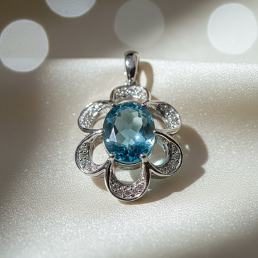 10K white gold blue topaz and diamond flower pendant, front view