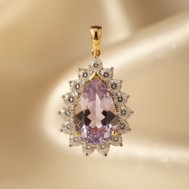 10K yellow gold pear-cut amethyst and diamond starburst halo pendant, front view