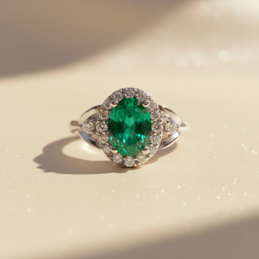 14K White Gold Oval Emerald & Diamond Halo Ring - editorial elevated front