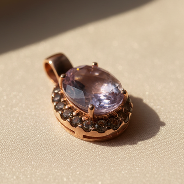 14K rose gold amethyst and smoky quartz halo pendant, three-quarter angle