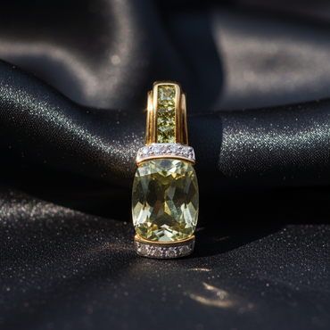 14K Yellow Gold Olive Quartz Peridot and Diamond Pendant – Front View