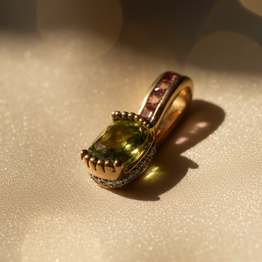 14K Yellow Gold Cushion Peridot, Pink Tourmaline & Diamond Pendant - Angle View