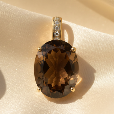 14K Yellow Gold Oval Brown Quartz and Diamond Pendant - front view