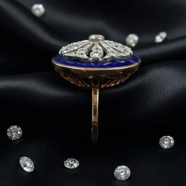 Victorian 14K Yellow Gold Blue Enamel Diamond Medallion Ring - Side Profile