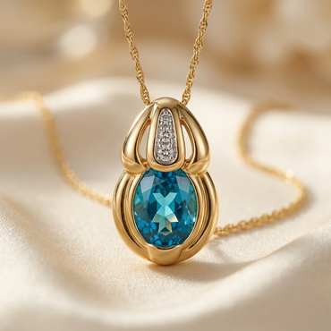 14K yellow gold blue topaz and diamond pendant, alternate front view