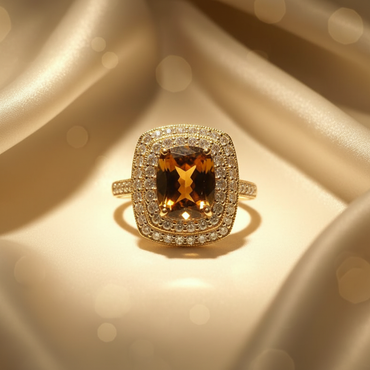 14K Yellow Gold Honey Citrine & White Sapphire Double Halo Ring - top view