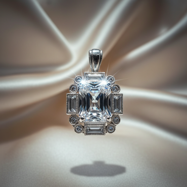 Sterling Silver Art Deco White Sapphire Pendant — front view full stone arrangement