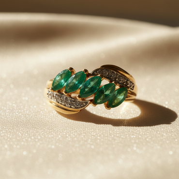 14K Yellow Gold Marquise Emerald & Diamond Ring - marketing image 1