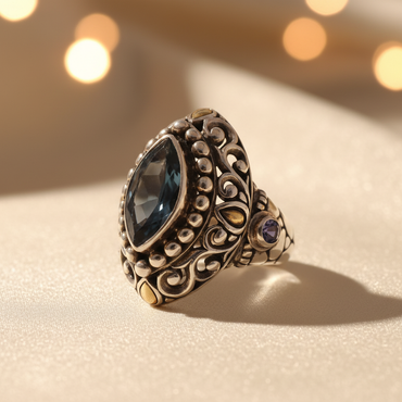 Sterling Silver 18K Yellow Gold Blue Topaz and Iolite Ring - editorial three-quarter