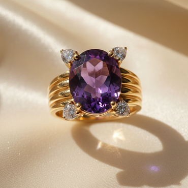 14K Yellow Gold Oval Amethyst and Diamond Ring - top view