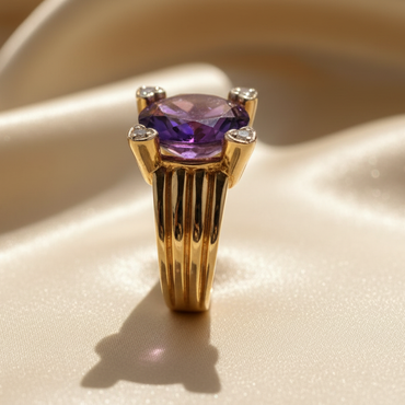 14K Yellow Gold Oval Amethyst and Diamond Ring - side profile