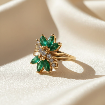 14K Yellow Gold Marquise Emerald & Diamond Floral Cluster Ring - marketing image 3