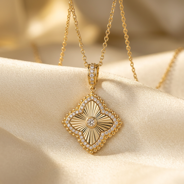 DOV 18K yellow gold diamond fluted quatrefoil pendant, wider view with chain