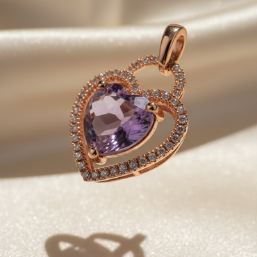 10K Rose Gold Heart Amethyst & Diamond Double Halo Pendant - side elevated view
