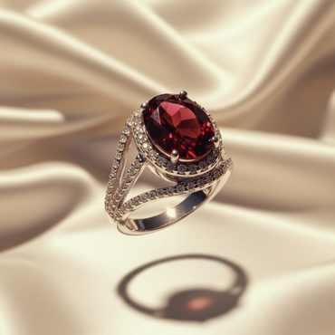 14K White Gold Oval Garnet & Diamond Halo Split Shank Ring - Side View
