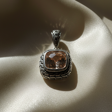 Sterling silver antiqued champagne CZ pendant - editorial marketing image 2