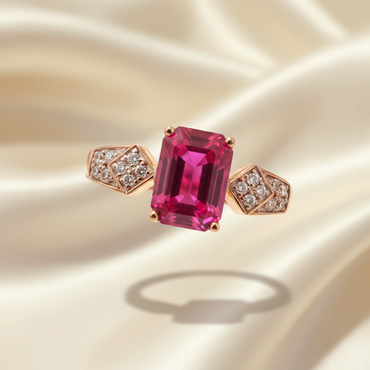 14K Rose Gold Emerald-Cut Ruby & Diamond Ring - Detail View