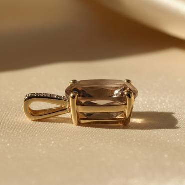 10K Yellow Gold Cushion Smoky Quartz and Diamond Pendant - side profile