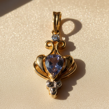 14K Yellow Gold Tanzanite & Diamond Art Nouveau Pendant - Front View