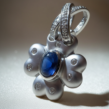 14K white gold blue sapphire and diamond flower pendant, three-quarter angle