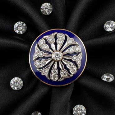 Victorian 14K Yellow Gold Blue Enamel Diamond Medallion Ring - Top View
