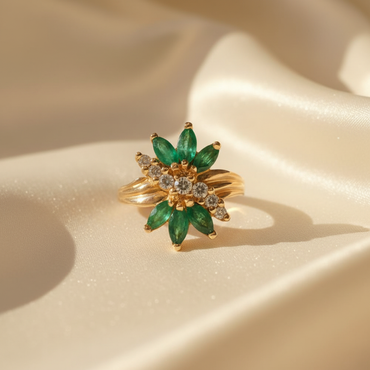 14K Yellow Gold Marquise Emerald & Diamond Floral Cluster Ring - marketing image 2