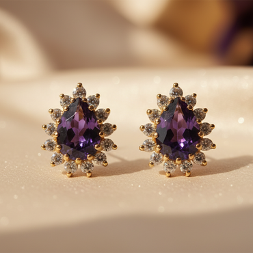 14K Yellow Gold Pear Amethyst & Diamond Halo Earrings - editorial front