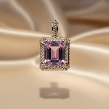 14K White Gold Emerald-Cut Amethyst & Diamond Halo Pendant - Front View
