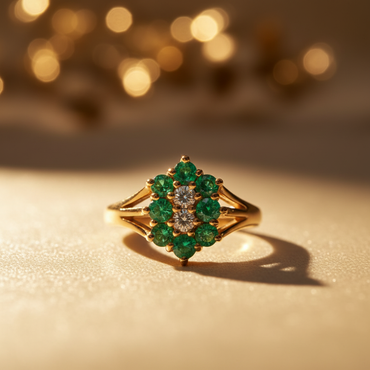 14K Yellow Gold Emerald & Diamond Cluster Ring - marketing image 1