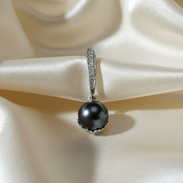 14K White Gold Black Pearl White Topaz Pendant - front editorial