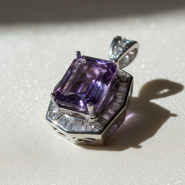 14K White Gold Emerald-Cut Amethyst and Diamond Halo Pendant - front view on cream satin