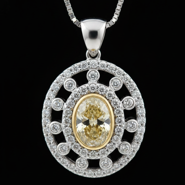 14K White Gold Fancy Yellow Diamond Oval Halo Pendant - Front Close-Up