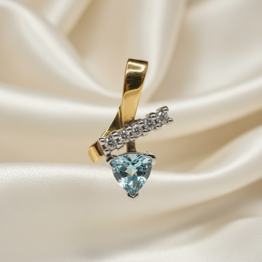 14K Two-Tone Gold Trillion Aquamarine & Diamond Pendant – Front View