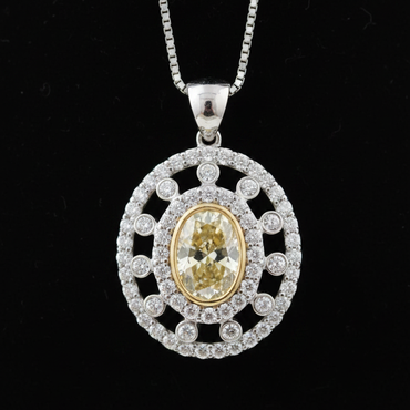 14K White Gold Fancy Yellow Diamond Oval Halo Pendant - Full View